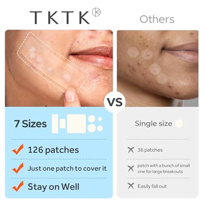 TKTK Large Pimple Patches for Face, 7 Sizes XL Acne Patches, Big Hydrocolloid Bandages for Body, Chin, Forehead, Chest, Back Zit Breakouts, Hydrocolloid Patch (Strip, Square, Dot 126 Count) - Image 5